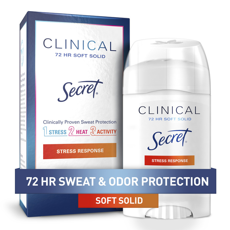 Clinical Secret deodorant package featuring a soft solid stick, highlighting 72-hour sweat and odor protection and stress response scent (1)