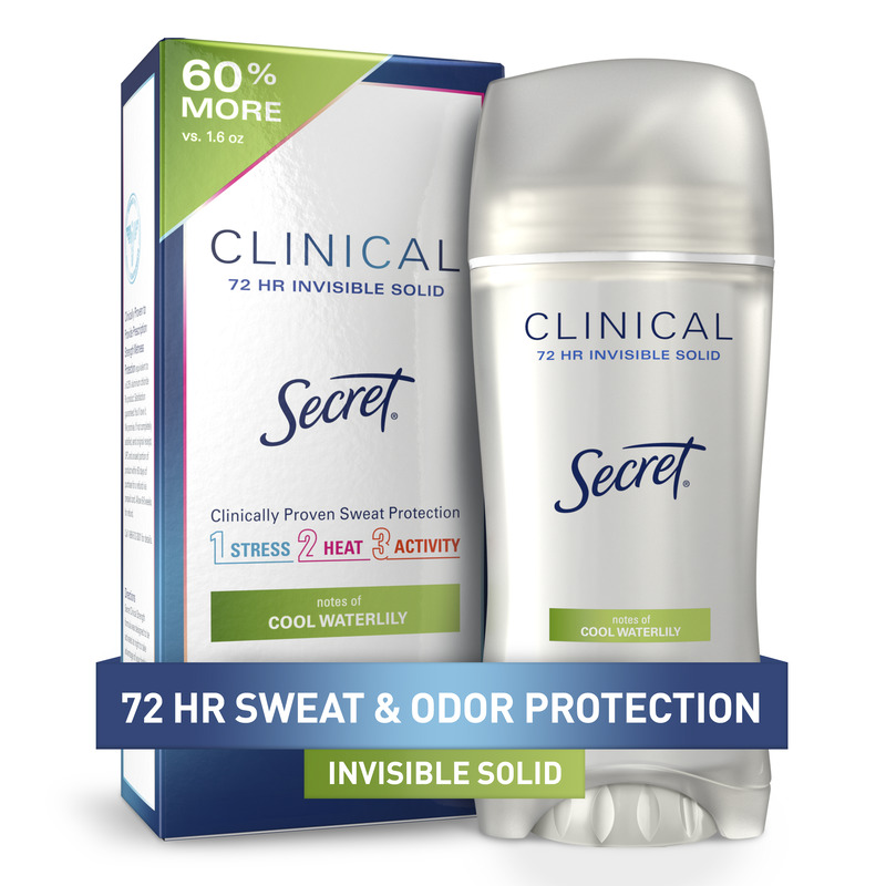 Secret Clinical Invisible Solid antiperspirant with 72 hours sweat and odor protection packaging, cool waterlily scent, 60_ more