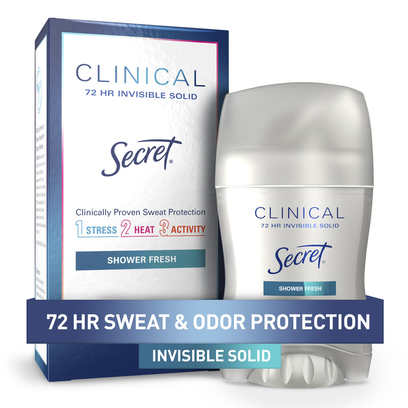 Secret Clinical Invisible Solid deodorant offers 72 hours of sweat and odor protection in a fresh shower scent for all-day confidence