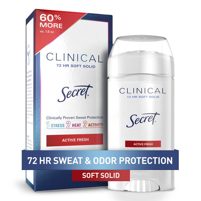 Secret Clinical Soft Solid deodorant with active fresh scent, designed for 72 Hour sweat and odor protection during stress and activity (1)